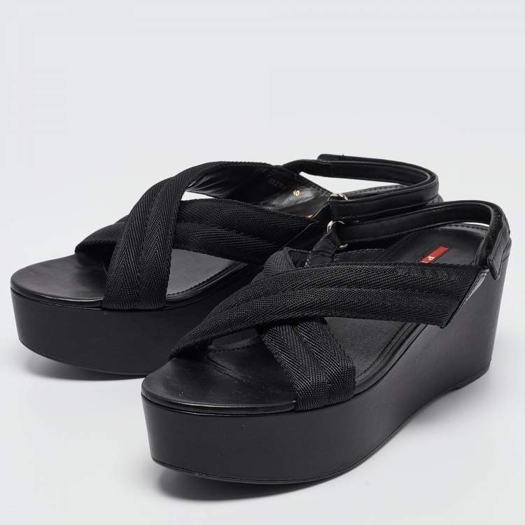 Pre Owned Prada Sport Black Leather and Canvas Strap Wedge Sandals Size 40