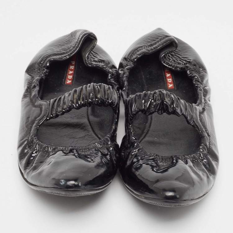 Pre Owned Prada Sport Black Patent Leather Scrunch Mary Jane Ballet Flats Size 39.5 