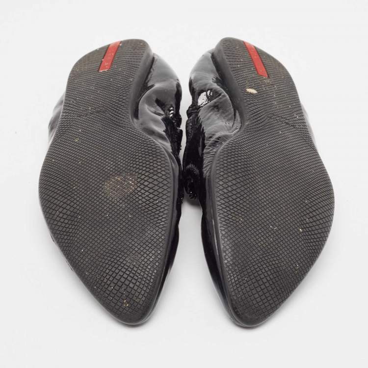 Pre Owned Prada Sport Black Patent Leather Scrunch Mary Jane Ballet Flats Size 39.5 