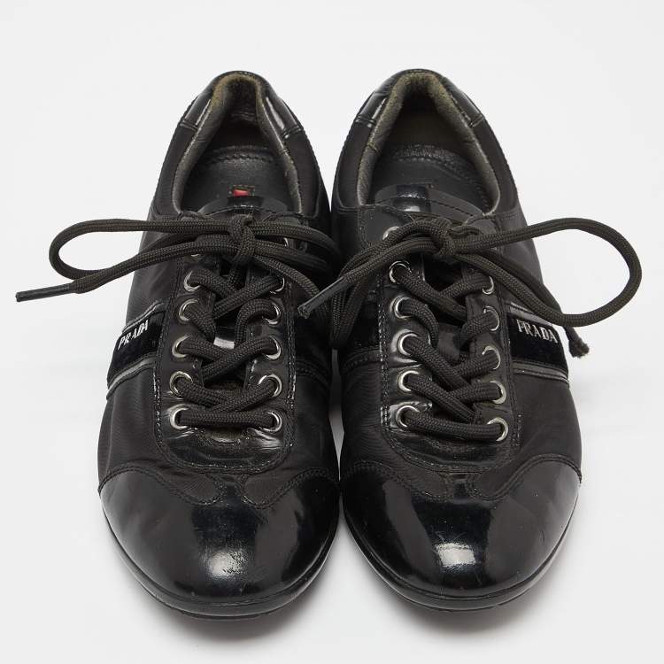 Pre Owned Prada Sport Black Patent Leather and Nylon Low Top Sneakers Size 35.5