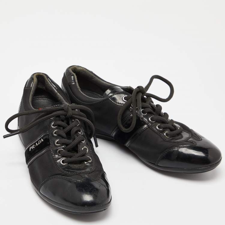 Pre Owned Prada Sport Black Patent Leather and Nylon Low Top Sneakers Size 35.5