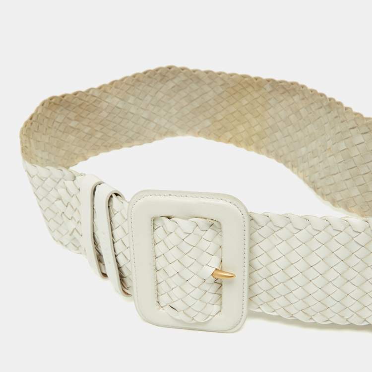 Pre Owned Prada White Woven Leather Wide Waist Belt 80CM