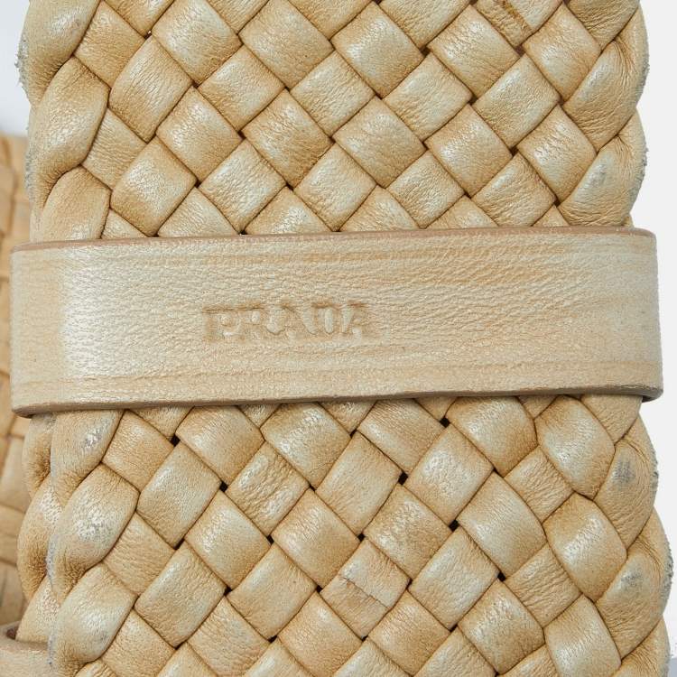 Pre Owned Prada Beige Woven Leather Wide Waist Belt 80CM