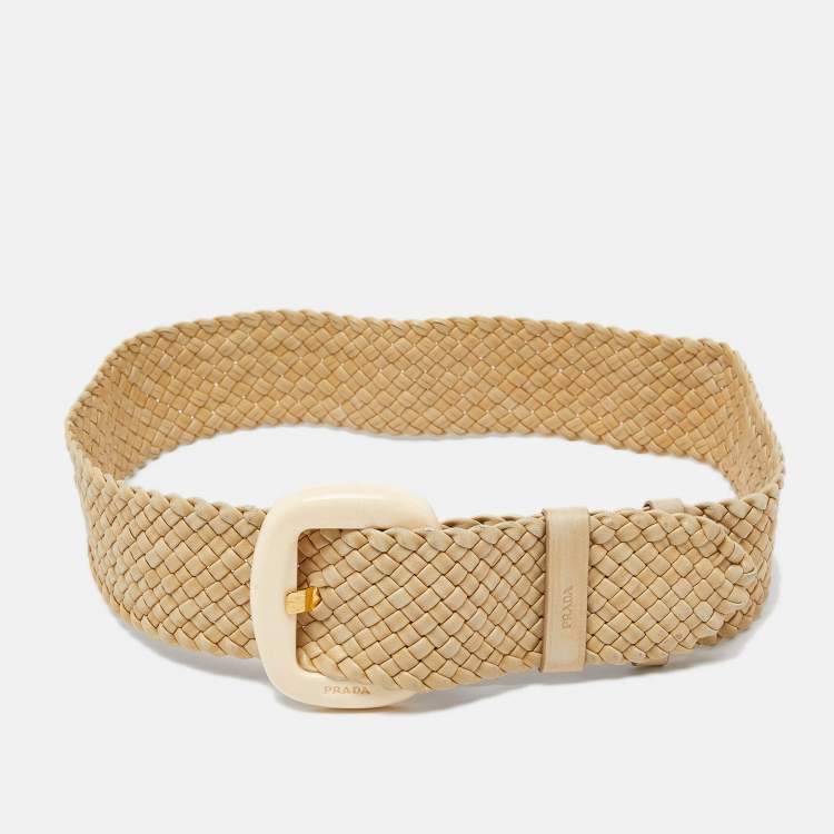 Pre Owned Prada Beige Woven Leather Wide Waist Belt 80CM