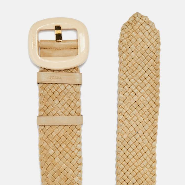 Pre Owned Prada Beige Woven Leather Wide Waist Belt 80CM