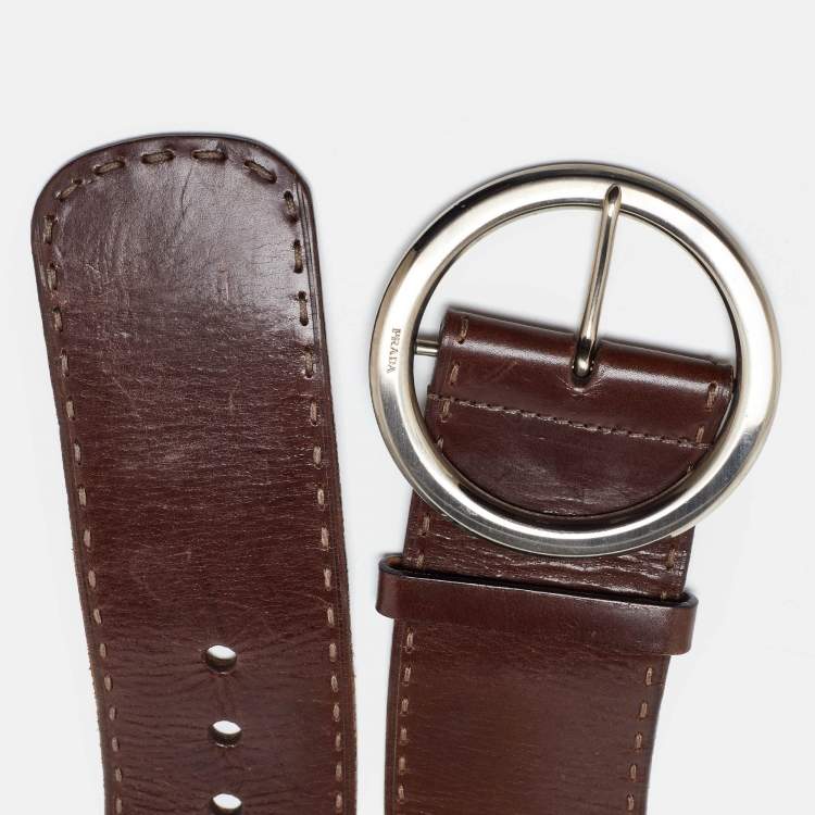 Pre Owned Prada Brown Leather Round Buckle Wide Belt 90CM