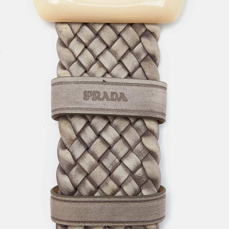 Pre Owned Prada Grey Braided Leather Buckle Belt 80CM