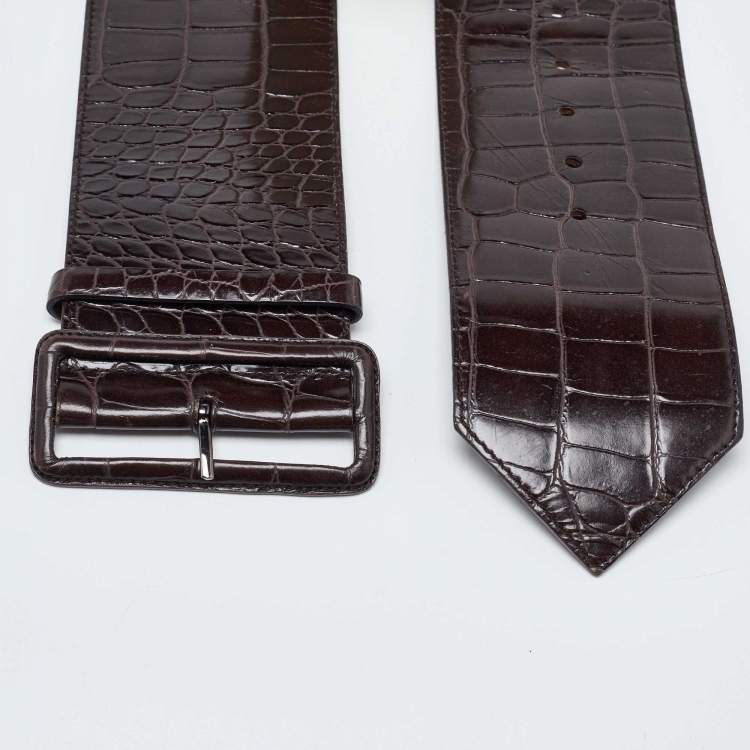 Pre Owned Prada Dark Brown Croc Embossed Leather Buckle Wide Belt 80CM