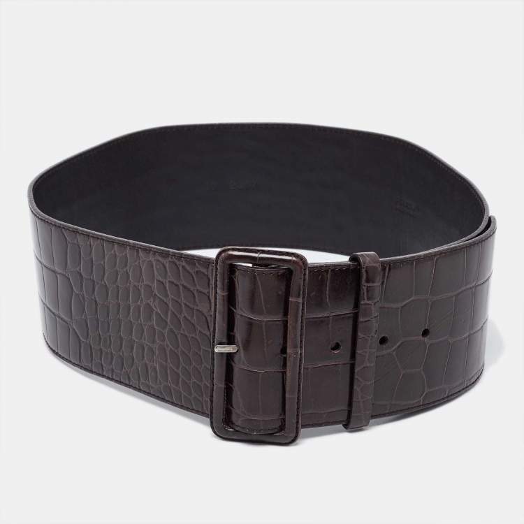 Pre Owned Prada Dark Brown Croc Embossed Leather Buckle Wide Belt 80CM