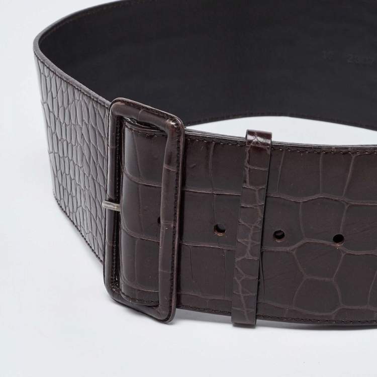 Pre Owned Prada Dark Brown Croc Embossed Leather Buckle Wide Belt 80CM