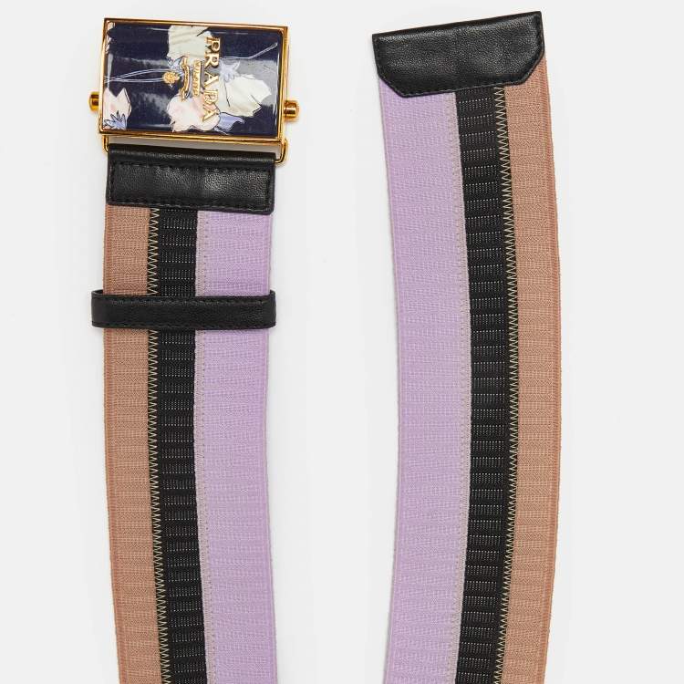 Pre Owned Prada Tricolor Elastic Fabric and Leather Floral Logo Plague Belt 75CM
