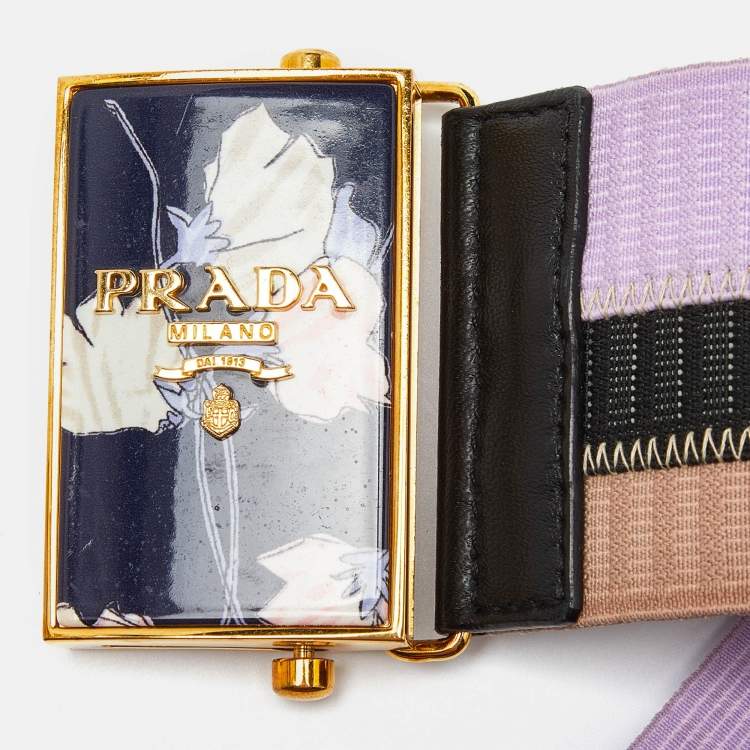 Pre Owned Prada Tricolor Elastic Fabric and Leather Floral Logo Plague Belt 75CM