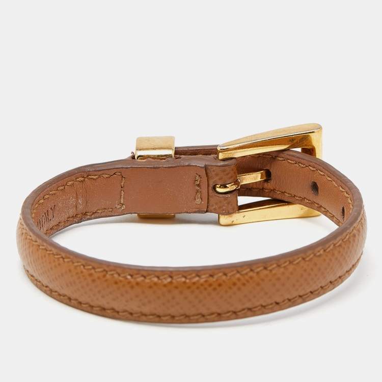 Pre Owned Prada Gold Tone Leather Bracelet 