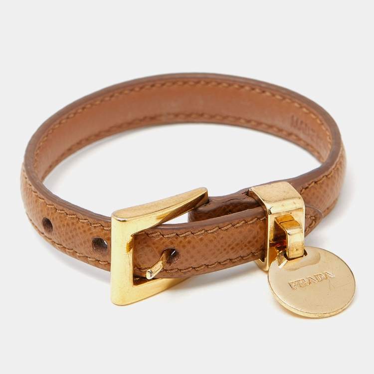 Pre Owned Prada Gold Tone Leather Bracelet 