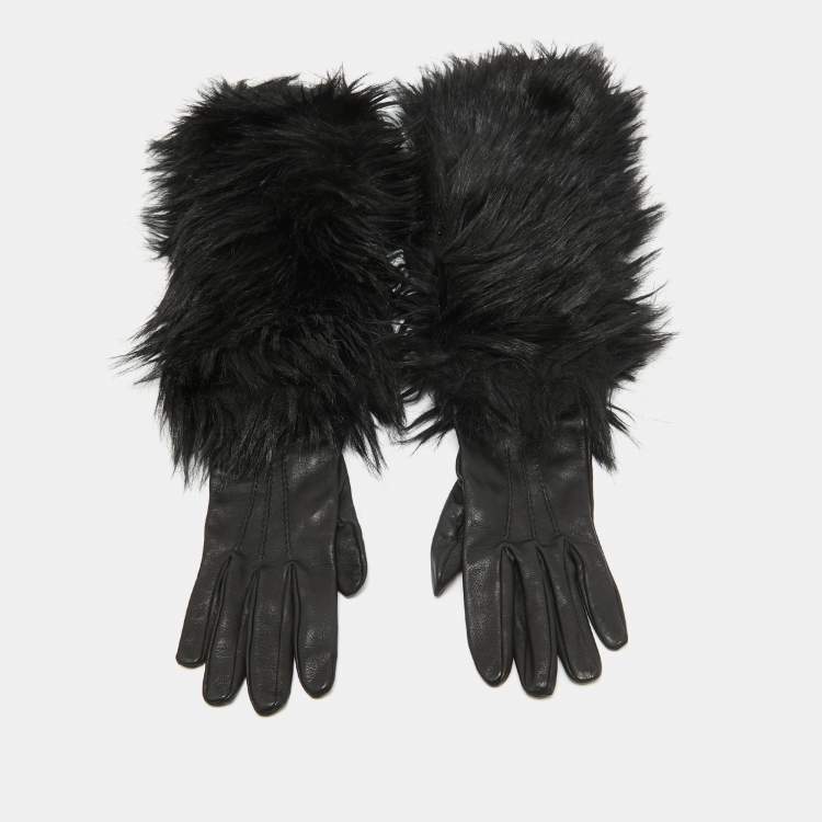 Pre Owned Prada Black Faux Fur and Genuine Leather Gloves 