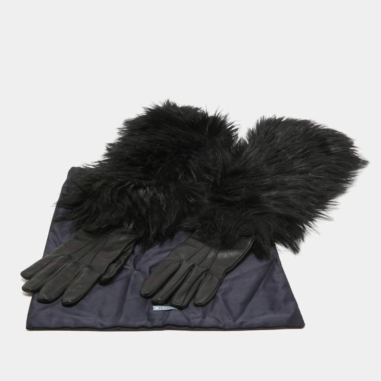 Pre Owned Prada Black Faux Fur and Genuine Leather Gloves 