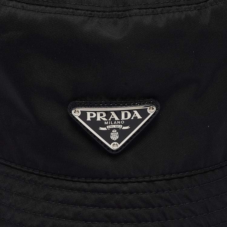 Pre Owned Prada Black Re-Nylon Metal Triangle Logo Bucket Hat 