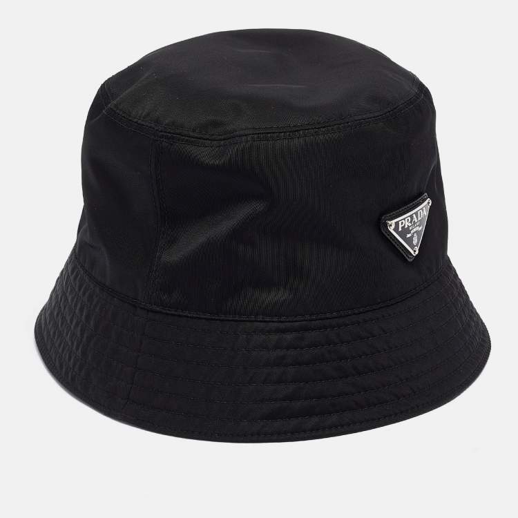Pre Owned Prada Black Re-Nylon Metal Triangle Logo Bucket Hat 