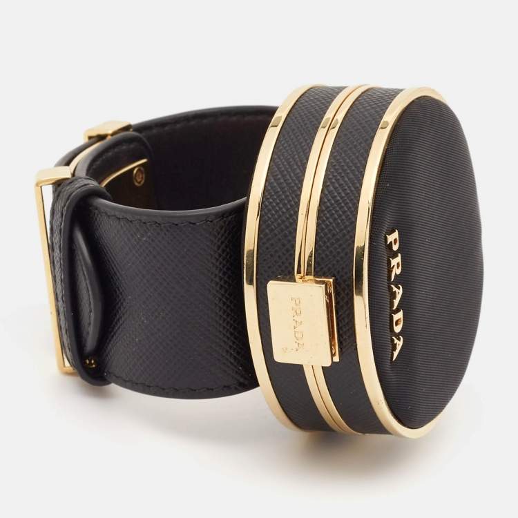 Pre Owned Prada Saffiano Leather Fabric Gold Tone Vanity Bracelet