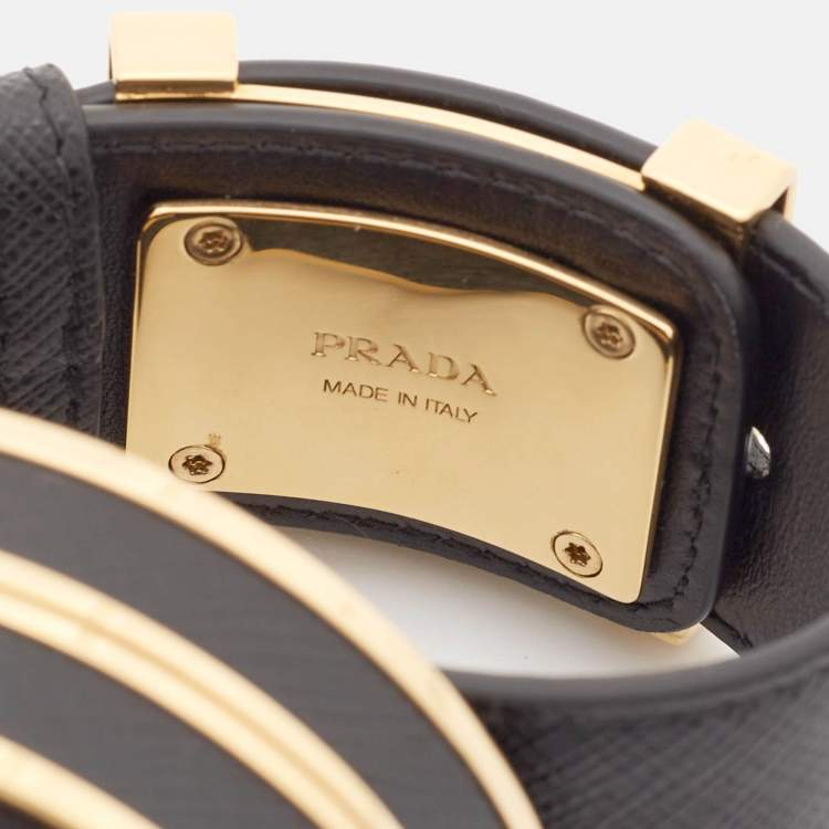 Pre Owned Prada Saffiano Leather Fabric Gold Tone Vanity Bracelet