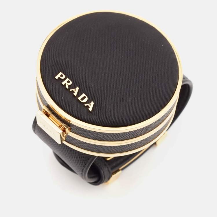 Pre Owned Prada Saffiano Leather Fabric Gold Tone Vanity Bracelet