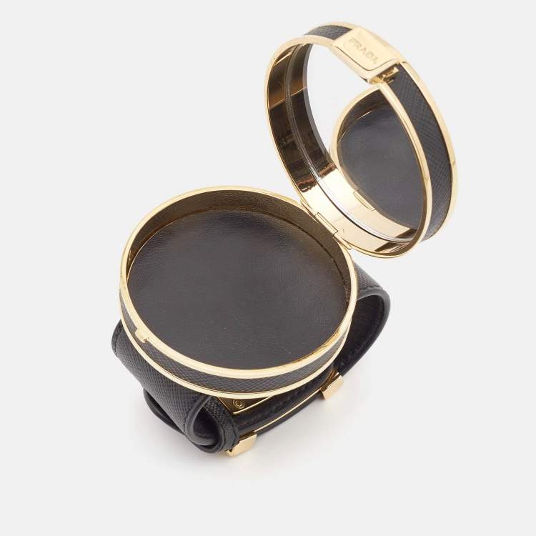 Pre Owned Prada Saffiano Leather Fabric Gold Tone Vanity Bracelet
