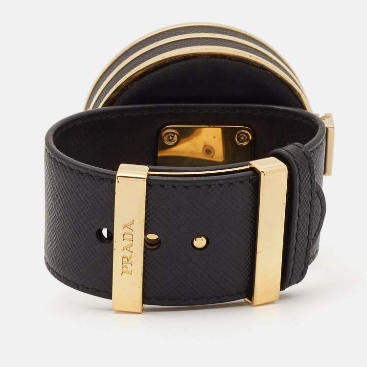Pre Owned Prada Saffiano Leather Fabric Gold Tone Vanity Bracelet