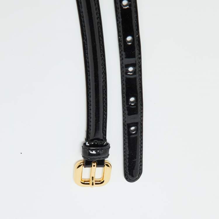 Pre Owned Prada Black Patent Leather Bow Skinny Waist Belt 75CM