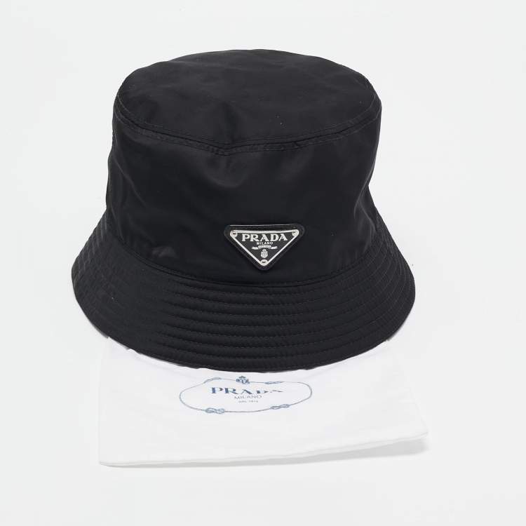 Pre Owned Prada Black Logo Plaque Re-Nylon Bucket Hat 