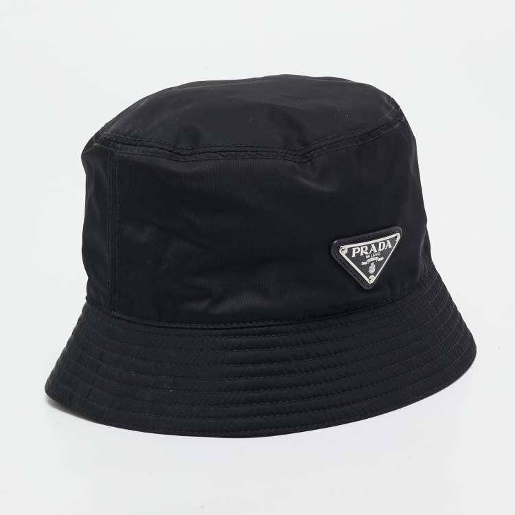 Pre Owned Prada Black Logo Plaque Re-Nylon Bucket Hat 