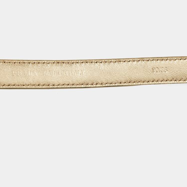 Pre Owned Prada Gold Patent Leather Triangle Logo Studded Slim Belt 90CM