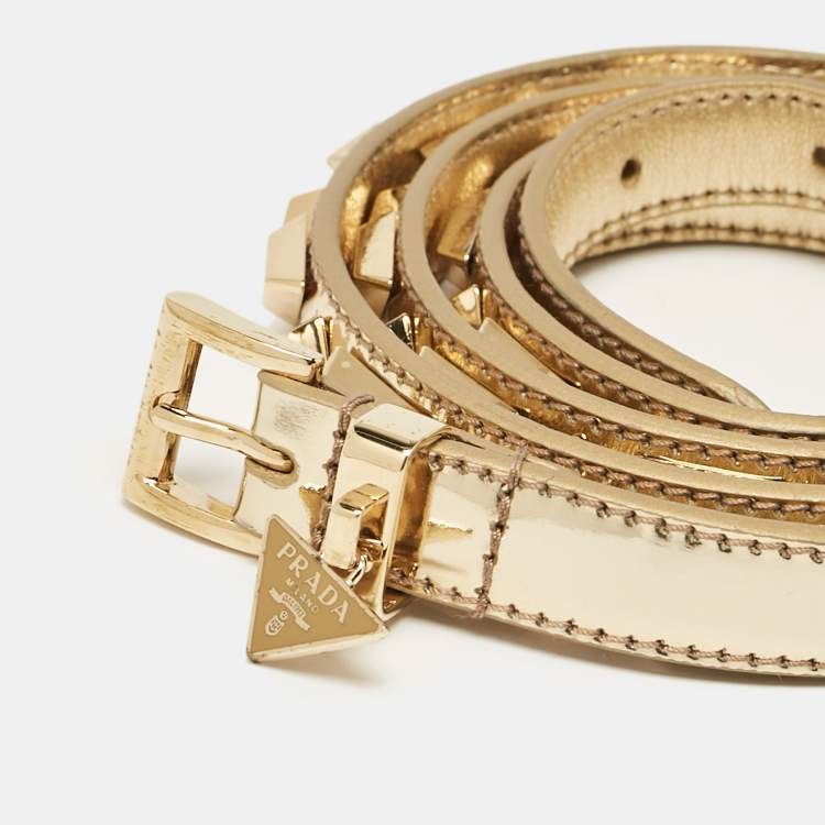 Pre Owned Prada Gold Patent Leather Triangle Logo Studded Slim Belt 90CM