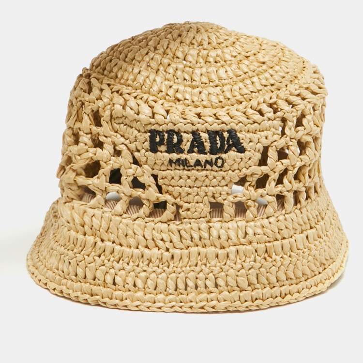 Pre Owned Prada Beige Logo Raffia Bucket Hat S