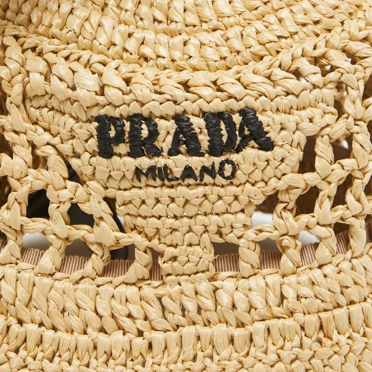 Pre Owned Prada Beige Logo Raffia Bucket Hat S