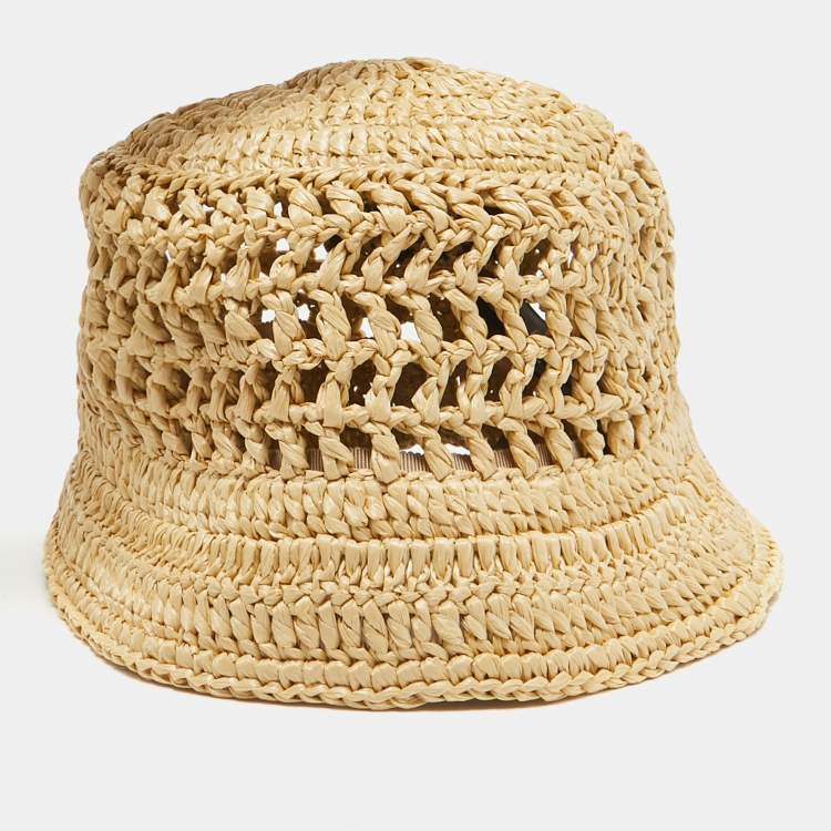 Pre Owned Prada Beige Logo Raffia Bucket Hat S