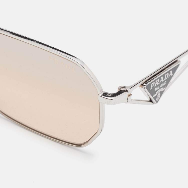 Pre Owned Prada Brown/Silver Tone SPR A51 Logo Rectangular Sunglasses