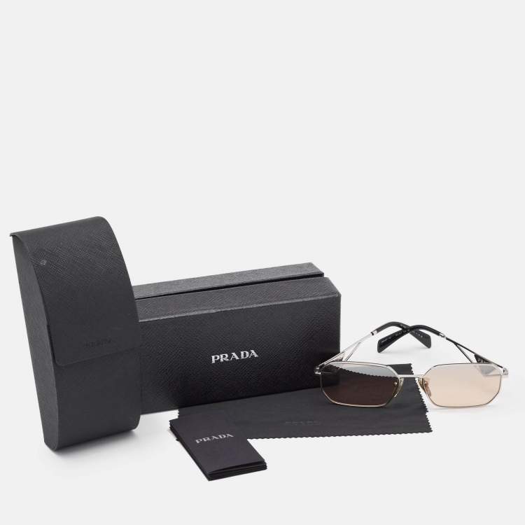 Pre Owned Prada Brown/Silver Tone SPR A51 Logo Rectangular Sunglasses