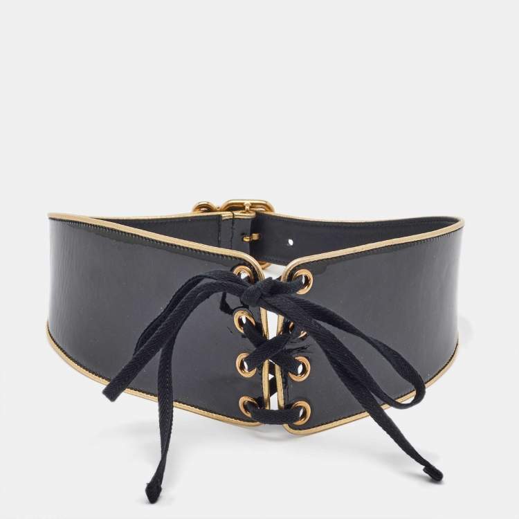 Pre Owned Prada Black Patent Leather Corset Waist Belt 80CM