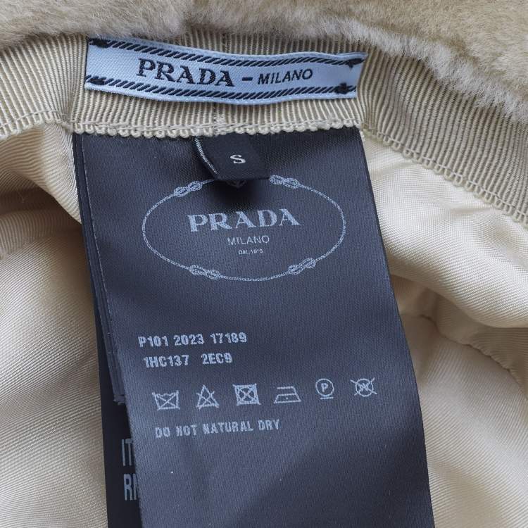 Pre Owned Prada Cream Shearling Logo Plaque Bucket Hat S