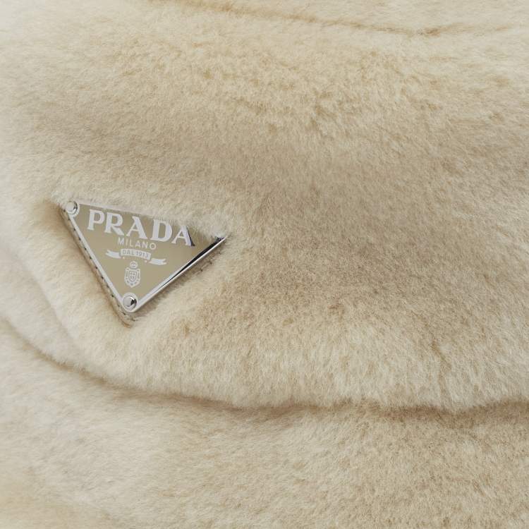 Pre Owned Prada Cream Shearling Logo Plaque Bucket Hat S
