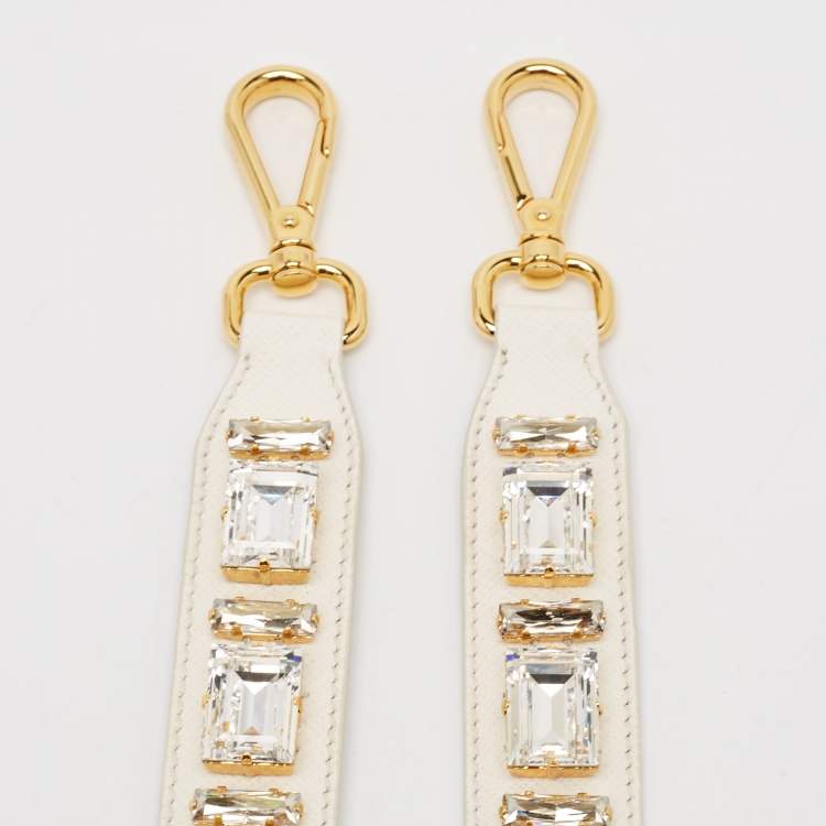 Pre Owned Prada White Leather Crystals Embellished Shoulder Bag Strap