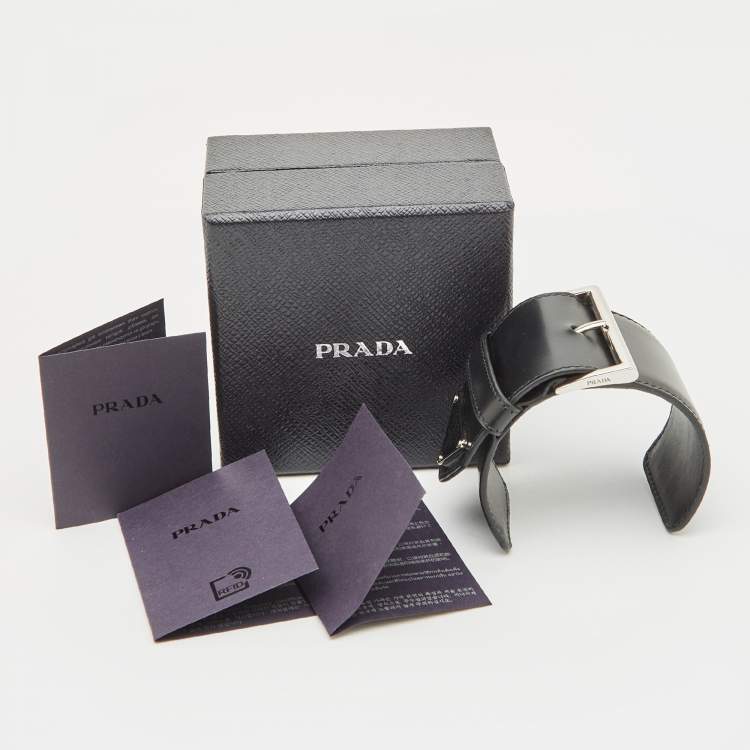 Pre Owned Prada Triangle Black Leather Silver Tone Wide Open Cuff Bracelet