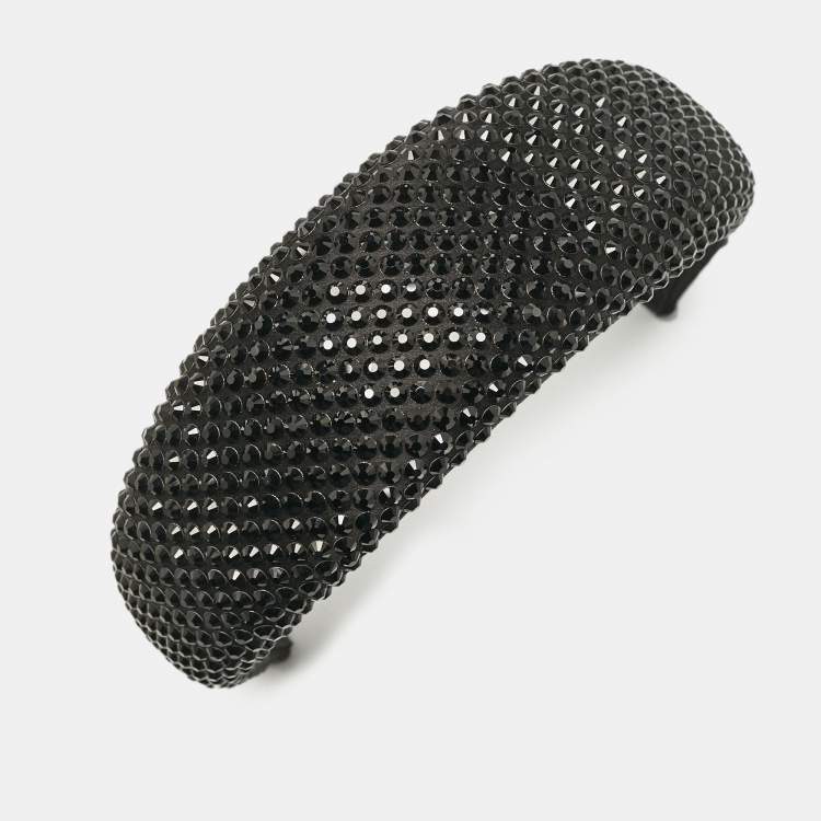 Pre Owned Prada Black Crystals Embellished Satin Headband 
