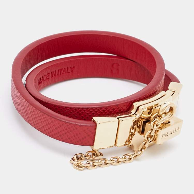Pre Owned Prada Red Leather Gold Tone Bracelet S