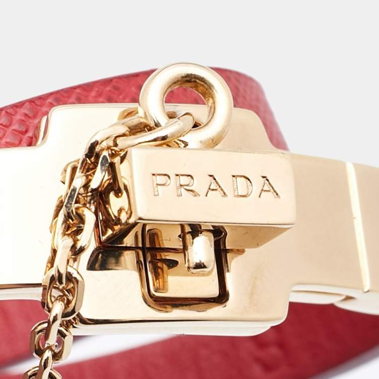 Pre Owned Prada Red Leather Gold Tone Bracelet S
