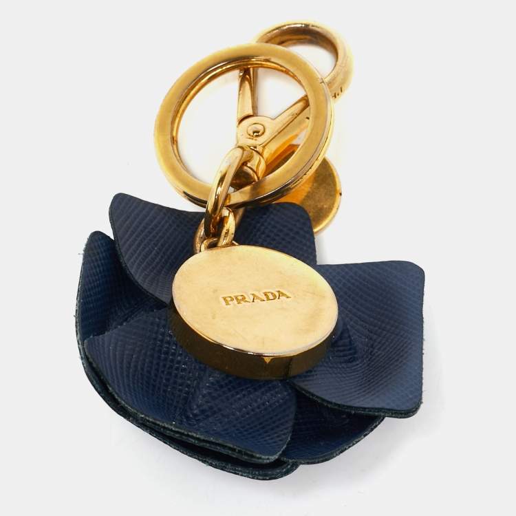 Pre Owned Prada Camelia Flower Leather Gold Tone Key Ring