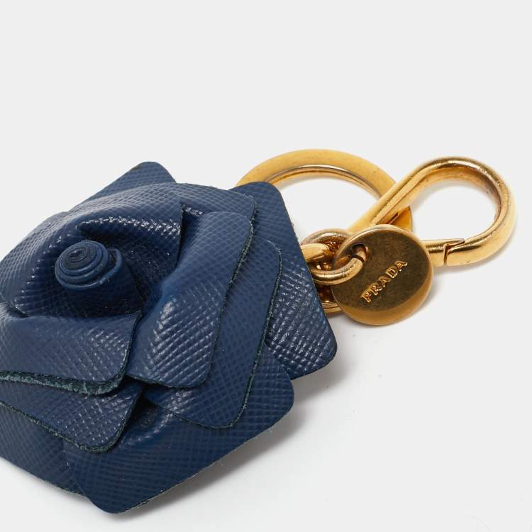 Pre Owned Prada Camelia Flower Leather Gold Tone Key Ring