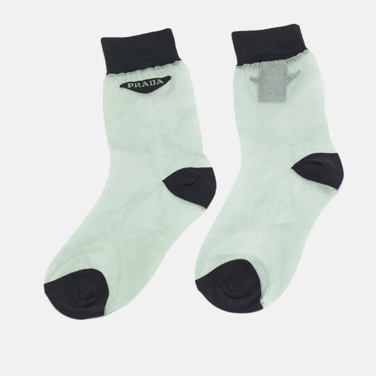 Pre Owned Prada Green Logo Print Stretch Tulle Sheer Socks M