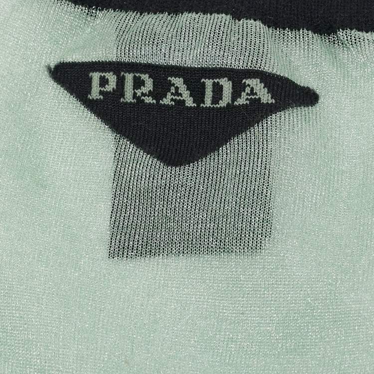 Pre Owned Prada Green Logo Print Stretch Tulle Sheer Socks M