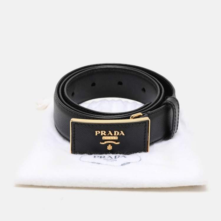 Pre Owned Prada Black Saffiano Leather Logo Buckle Belt 75CM